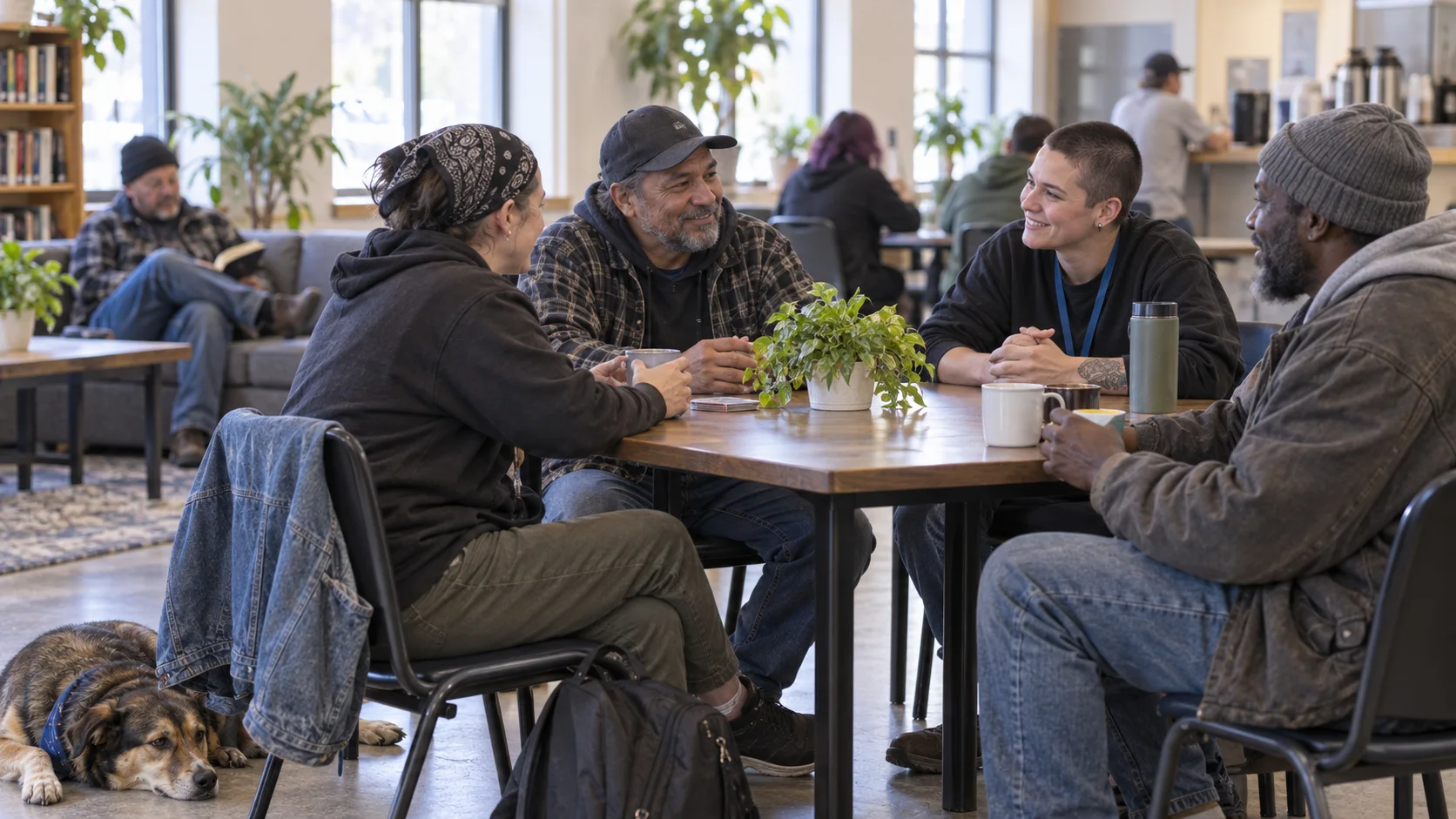 Safe Space community members and a staff member talking around a table.