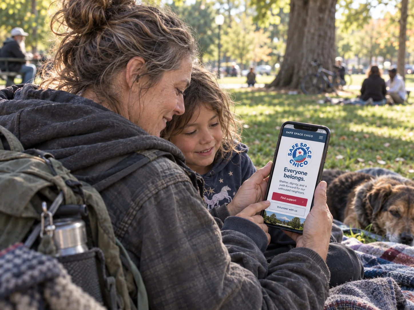 A woman and child looking at the Safe Space Chico website together outdoors, with a dog beside them.