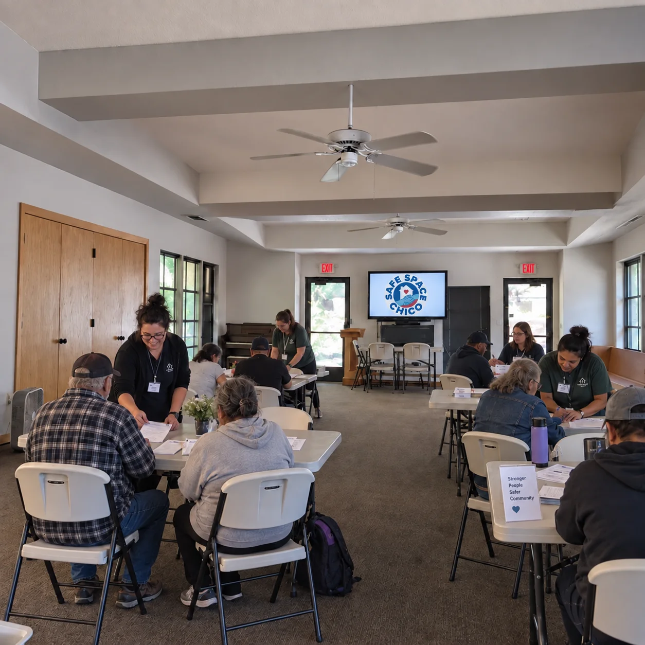 People seated together at tables in a community room.