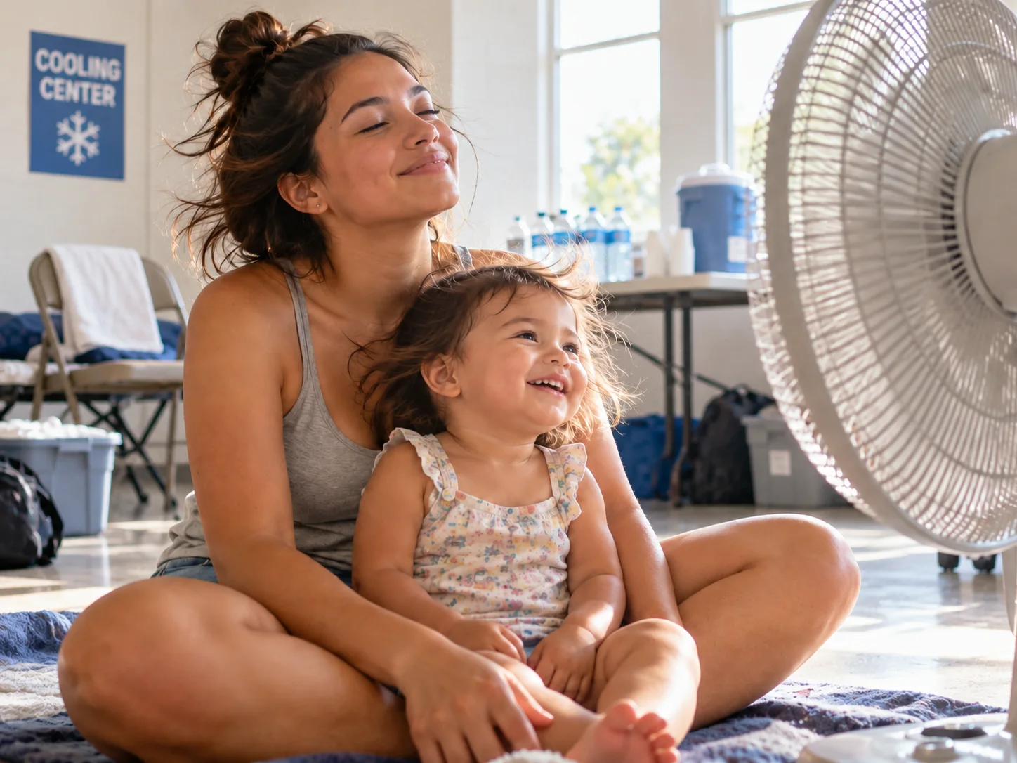 A woman and child sitting together beside a fan in a cooling center.