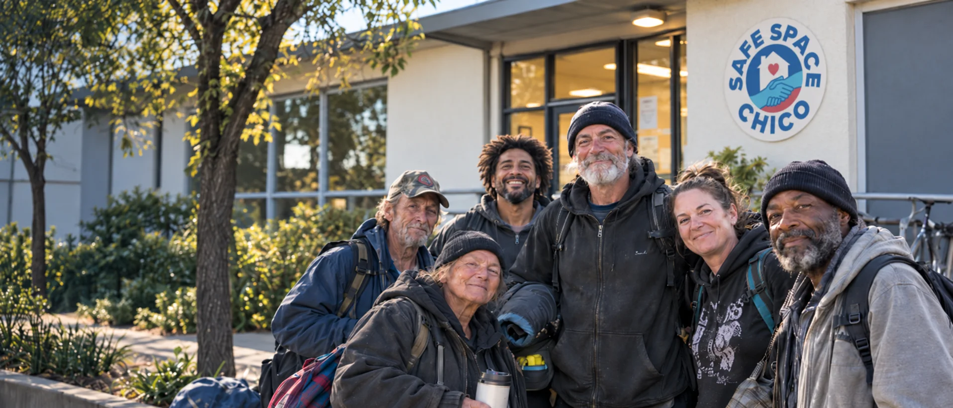 Six community members standing together outdoors.